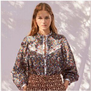 EUC Sonmer Vanessa Blouse Blue Floral Button Women's Medium 100% Cotton India